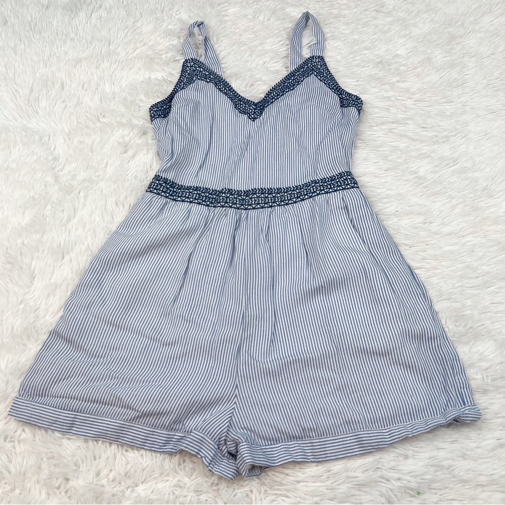 Japan striped embroidered smocked rompers in blue